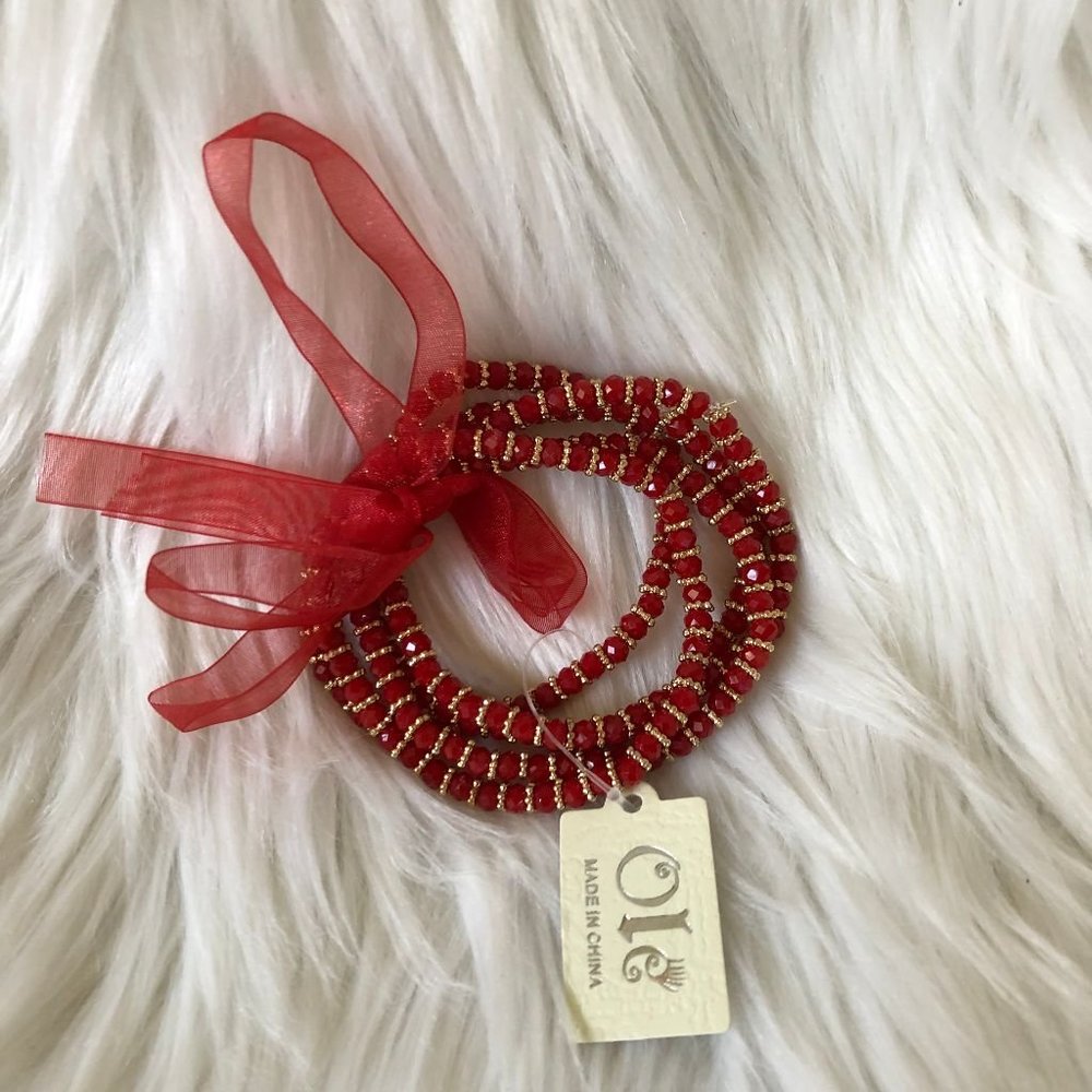 ole 5 strand crystal beads bracelet set w/ ribbon